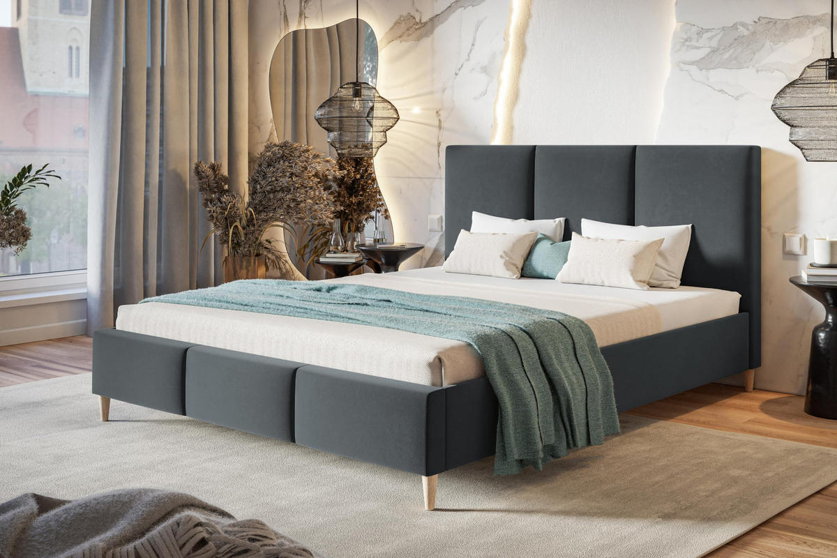 POLSTERBETT LUX Siena mit Kopfteil, 140 x 200 cm, Doppelbett mit Lattenrost aus Holz, Velourstoff Dunkelgrau, Füße in Farbe: Braun - Dunkelgrau, Holz/Textil (140/200cm) - Alpi-Möbel