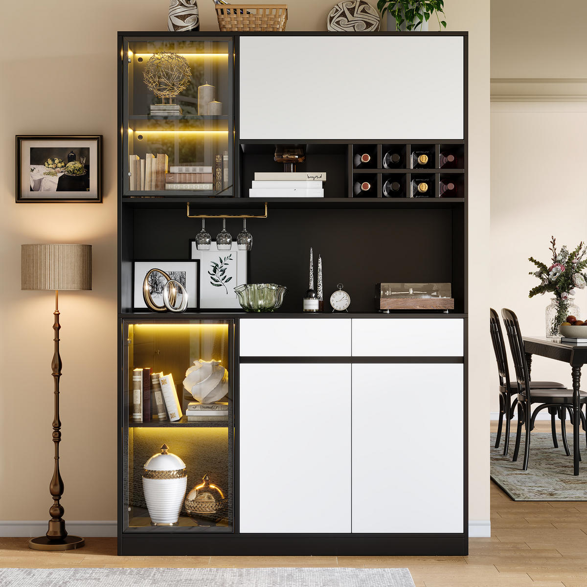 HOCHSCHRANK mit LED, Türen und Schubladen - Schwarz/Weiß, Holzwerkstoff (120/180/35cm) - FLIEKS