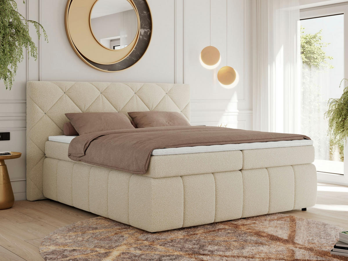 BOXBETT RITA 180/200 - Beige Boucle - H4 - Beige, Holz/Textil (180/200cm)