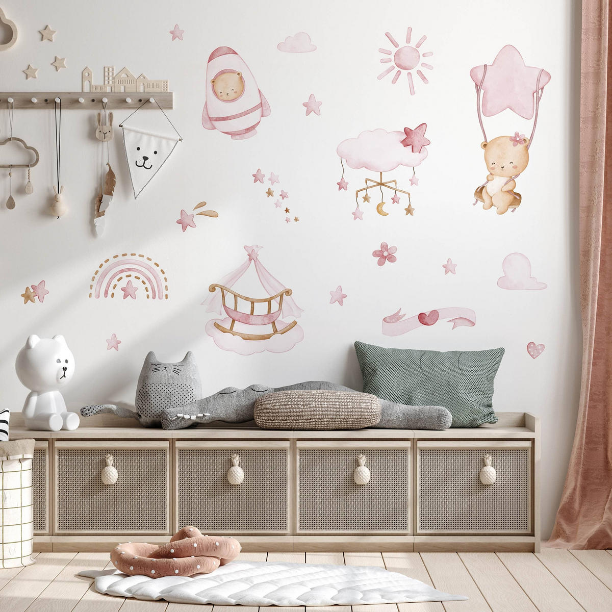 WANDTICKER Teddybären rosa Wolken Sterne 60x30 - Beige/Rosa, Papier (60/30/1cm) - Muralo