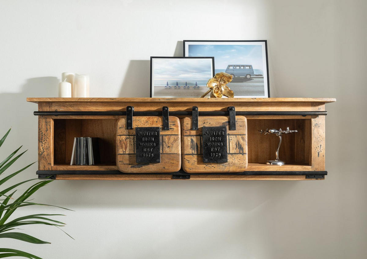 WANDREGAL Mango 130x25x35 natur lackiert RAILWAY #165 - Hellbraun, Holz (130/35/25cm) - Massivmoebel24