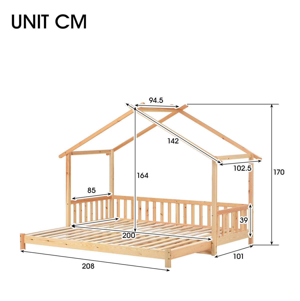 HAUSBETT 90/200 cm Natur aus massivem Holz ausziehbar - Naturfarben, Holz (90/200cm) - OKWISH
