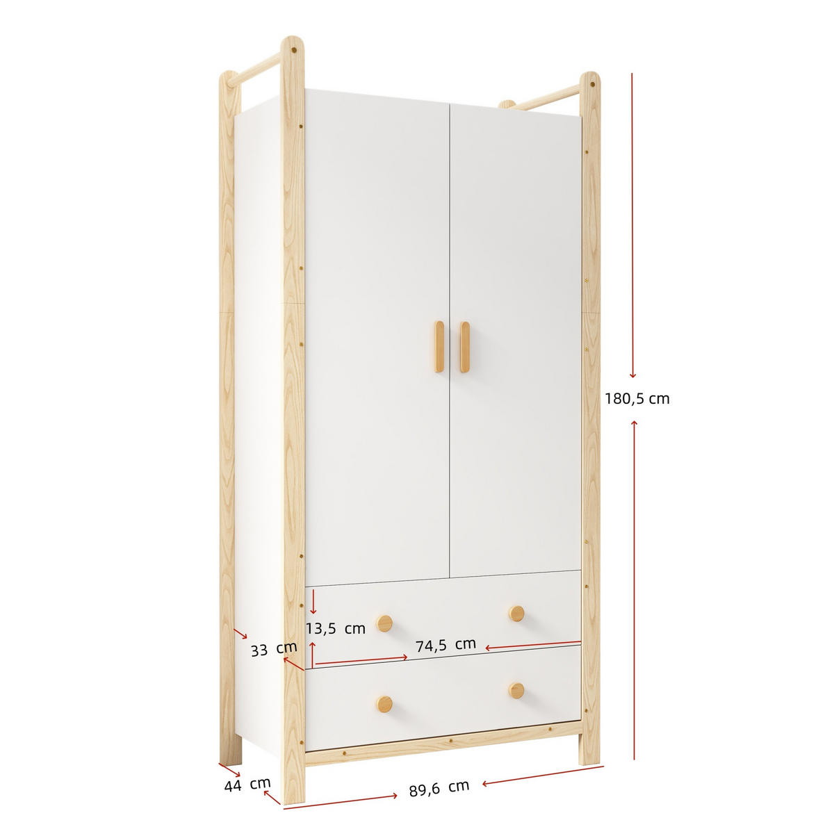 KLEIDERSCHRANK aus Kiefernholz und Spanplatte 89,6x44x180,5 cm Natur/Weiß mit Kleiderstange und 2 Schubladen - Naturfarben, Holzwerkstoff (90/180/45cm) - Modfu