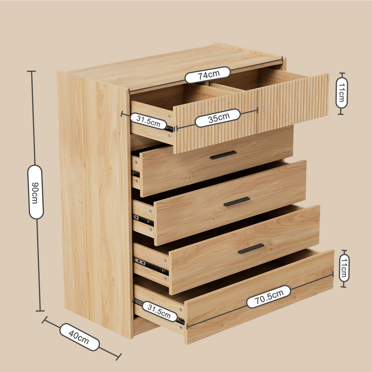 KOMMODE in 74/90/40cm-DG1 - Naturfarben, Holzwerkstoff/Metall (40/90/74cm) - HOMAVO