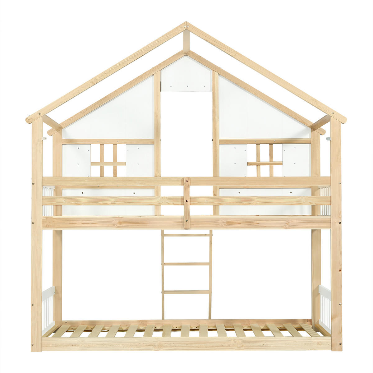 ETAGENBETT 90/200 cm & 90/200 cm in Weiß & Natur mit Dach, Fenster und Leiter - Weiß/Naturfarben, Holz/Holzwerkstoff (90/200cm) - CHICFURN