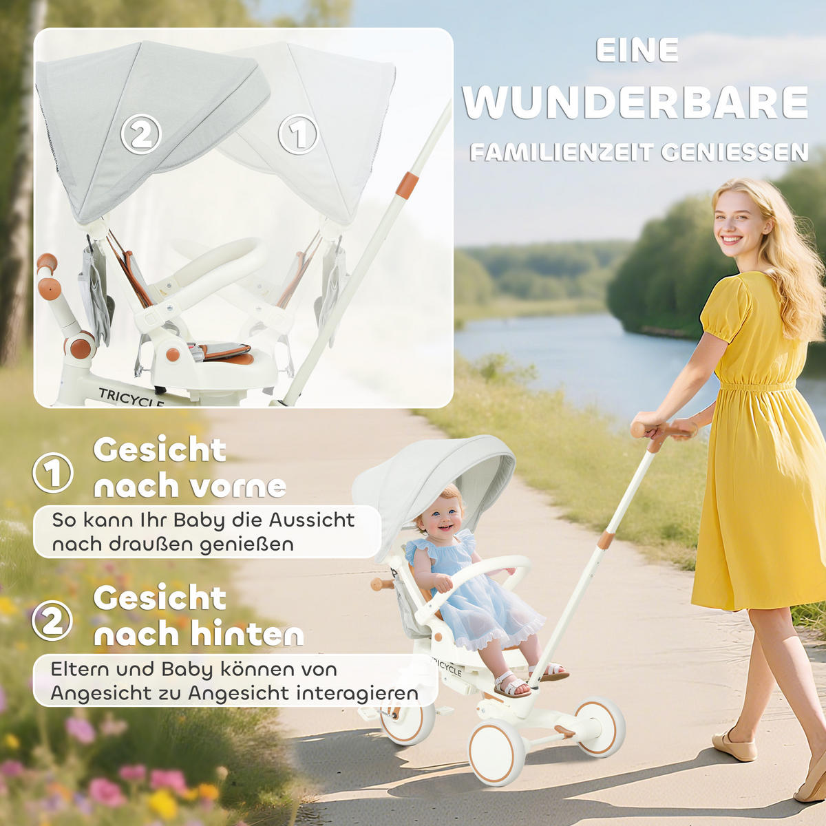 DREIRAD 5-in-1 mit Schubstange für 1-3 Jahre Faltbar mit reversiblem Sitz Creme - Creme, Metall (96.5/49/101cm) - AIYAPLAY