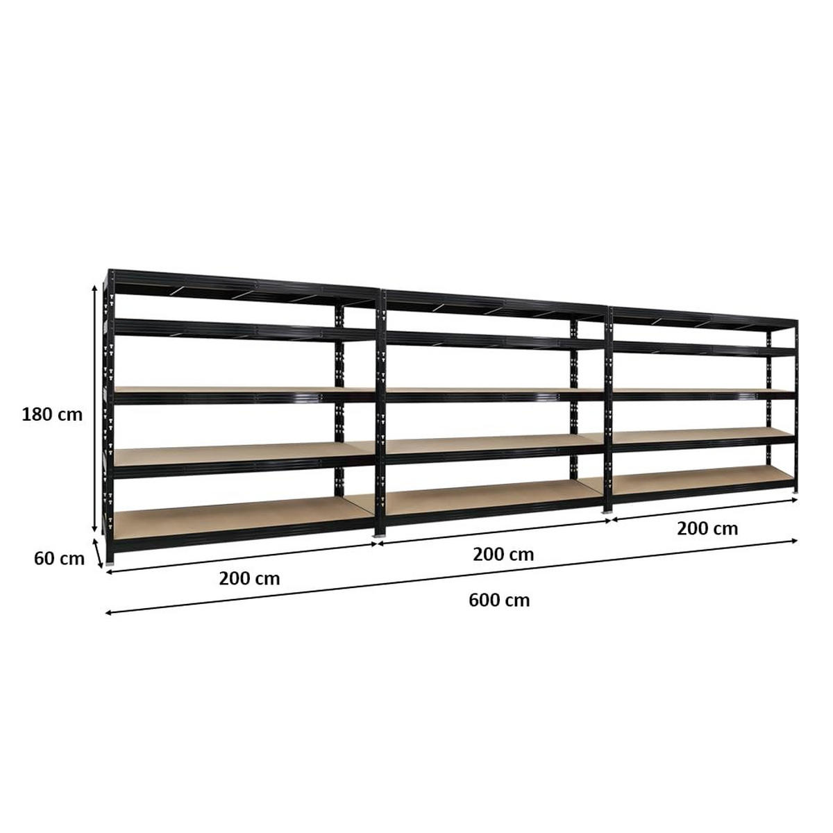 SCHWERLASTREGAL Rhino 3er-Set mit 3x 180x200x60 cm 5 Spanplatten-Ebenen 8mm Fachlast 500 kg Schwarz - Schwarz, Metall (600/180/60cm) - PROREGAL