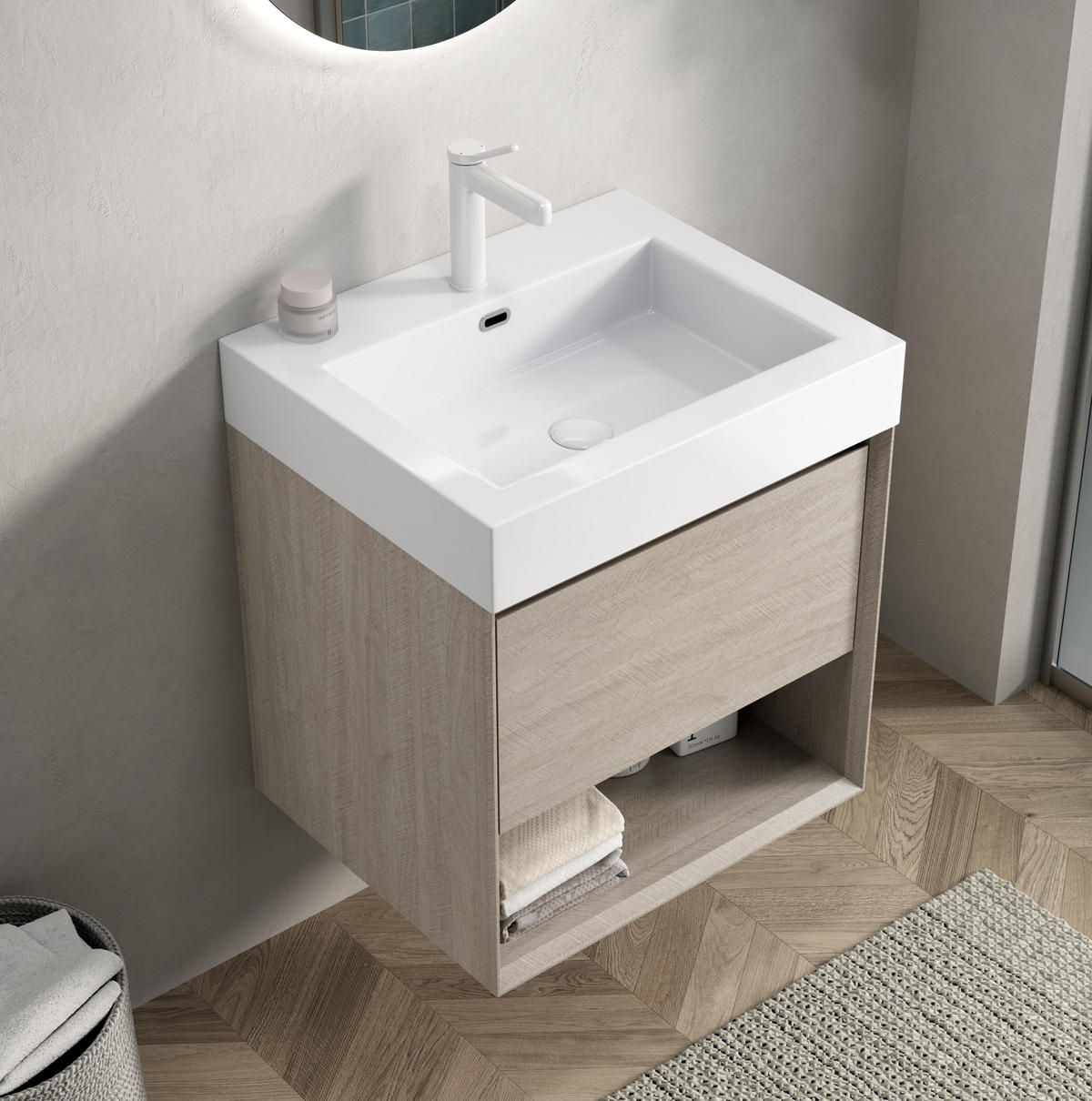 WASCHTISCHUNTERSCHRANK 55 cm mit Mineralgussbecken Light Oak/White - Weiß, Holzwerkstoff (46/60/55cm) - Beauniv