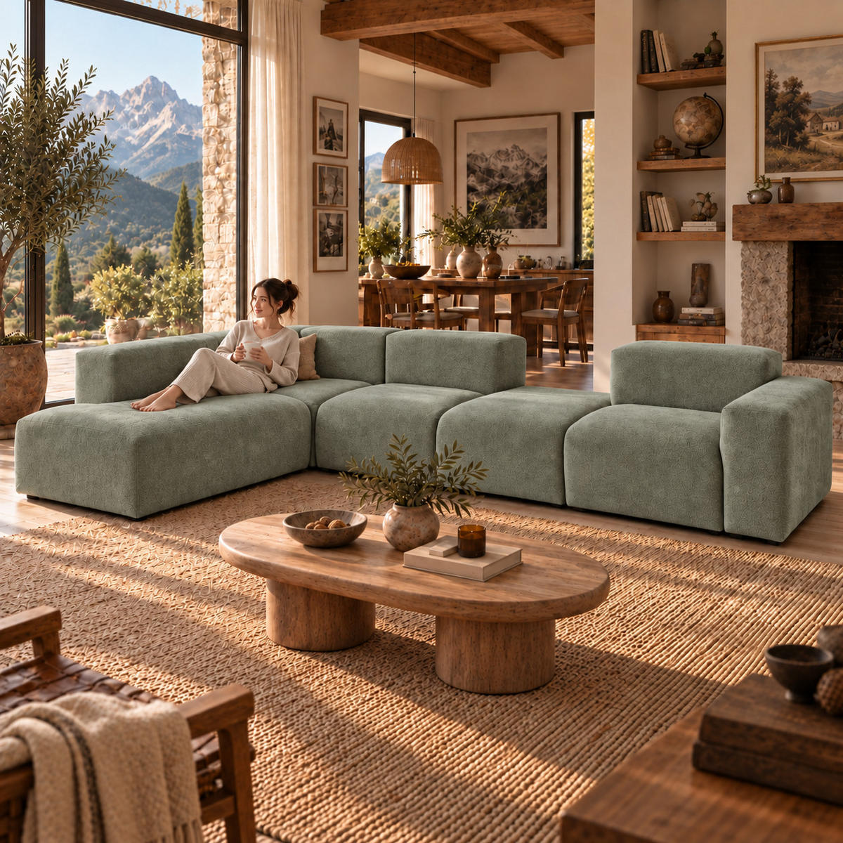5-SITZER modulares Ecksofa HEAVEN SET 5 Links, Breite 380 cm Webstoff Grün - Schwarz/Grün, Holz/Kunststoff (380/245cm) - Muffo