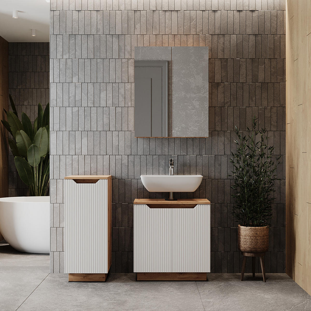 BADMÖBEL-SET Lotta Eiche/weiß gestreift 3 Teile - Eichefarben/Weiß, Holzwerkstoff (59.8/62.1/32cm) - Vicco