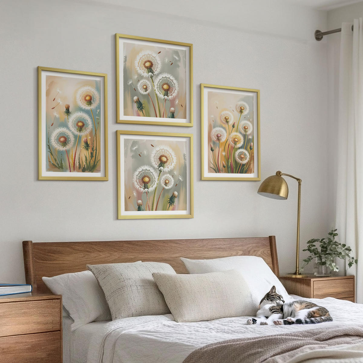 BILDER SET 4er Set - 50x50 cm & 40x60 cm Goldrahmen - Löwenzahnblüten, pastellfarbene Gräser - Goldfarben, Kunststoff (50/50cm) - TULUP
