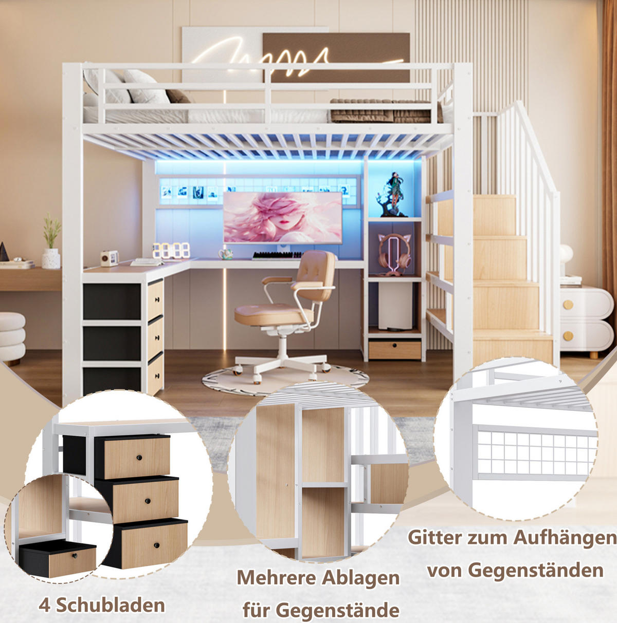 HOCHBETT 140/200 cm aus Metall mit LED, Schreibtisch, Stauraumtreppe, 4 Schubladen und Ablagefach, Weiß - Weiß, Metall (140/200cm) - Redom