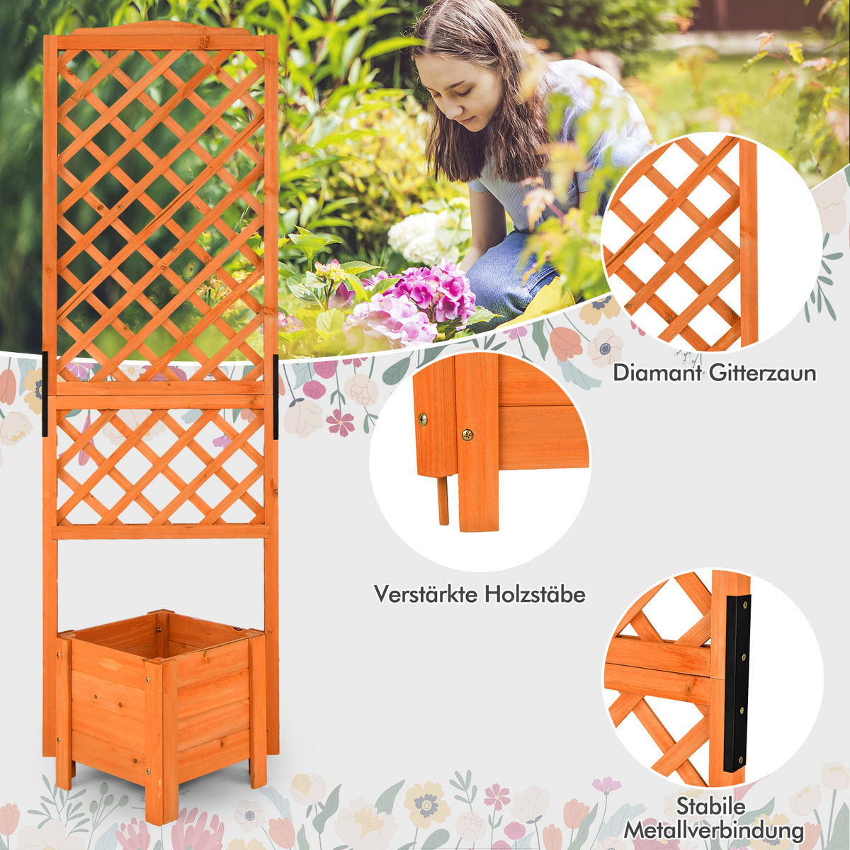 BLUMENKASTEN mit Rankgitter Orange - Orange, Holz (52/180/55cm) - COSTWAY