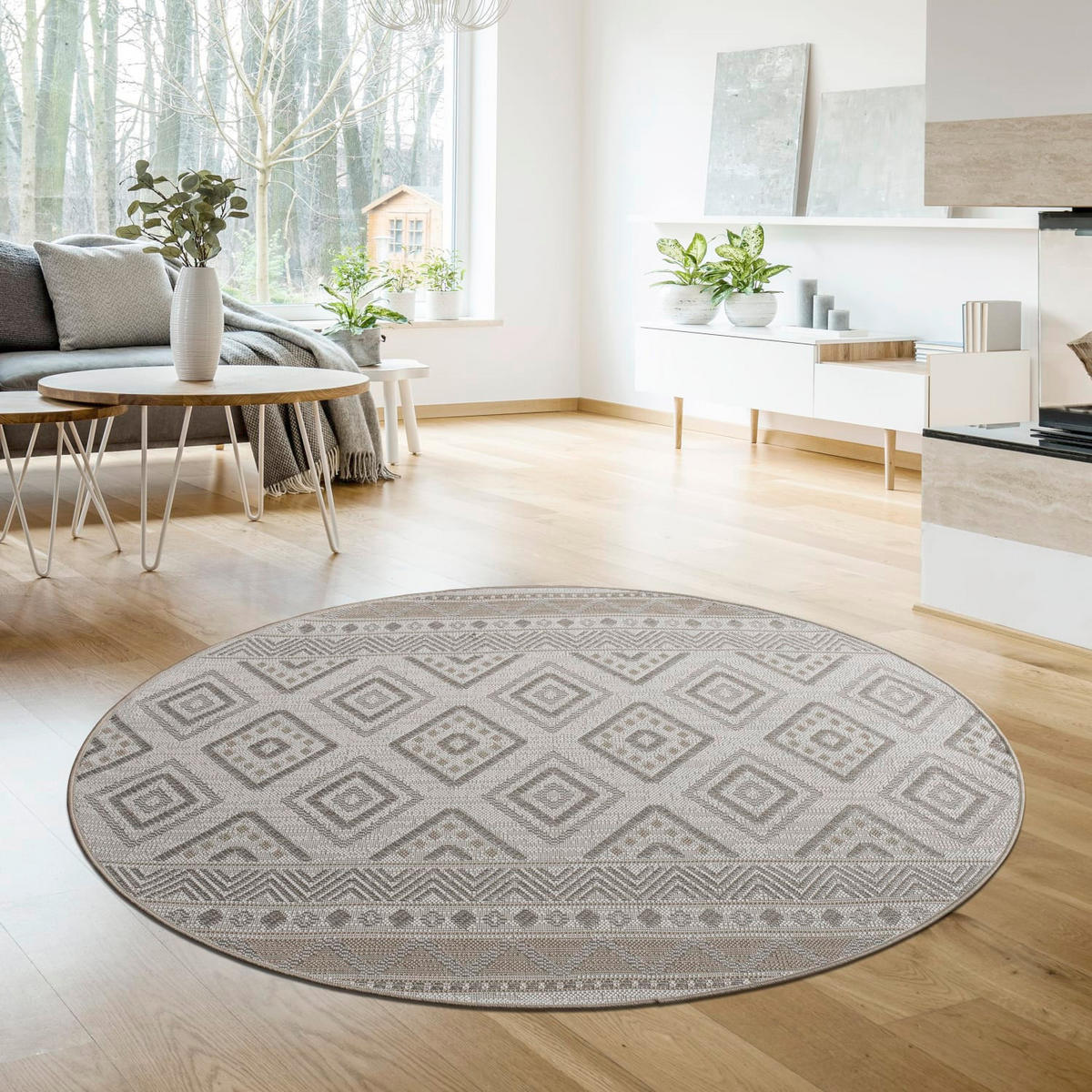 TEPPICH Kurzflor Rauten Wohnzimmer schmutzabweisend Beige Rund 200D - Beige, Textil (200/200cm) - KADIMA DESIGN