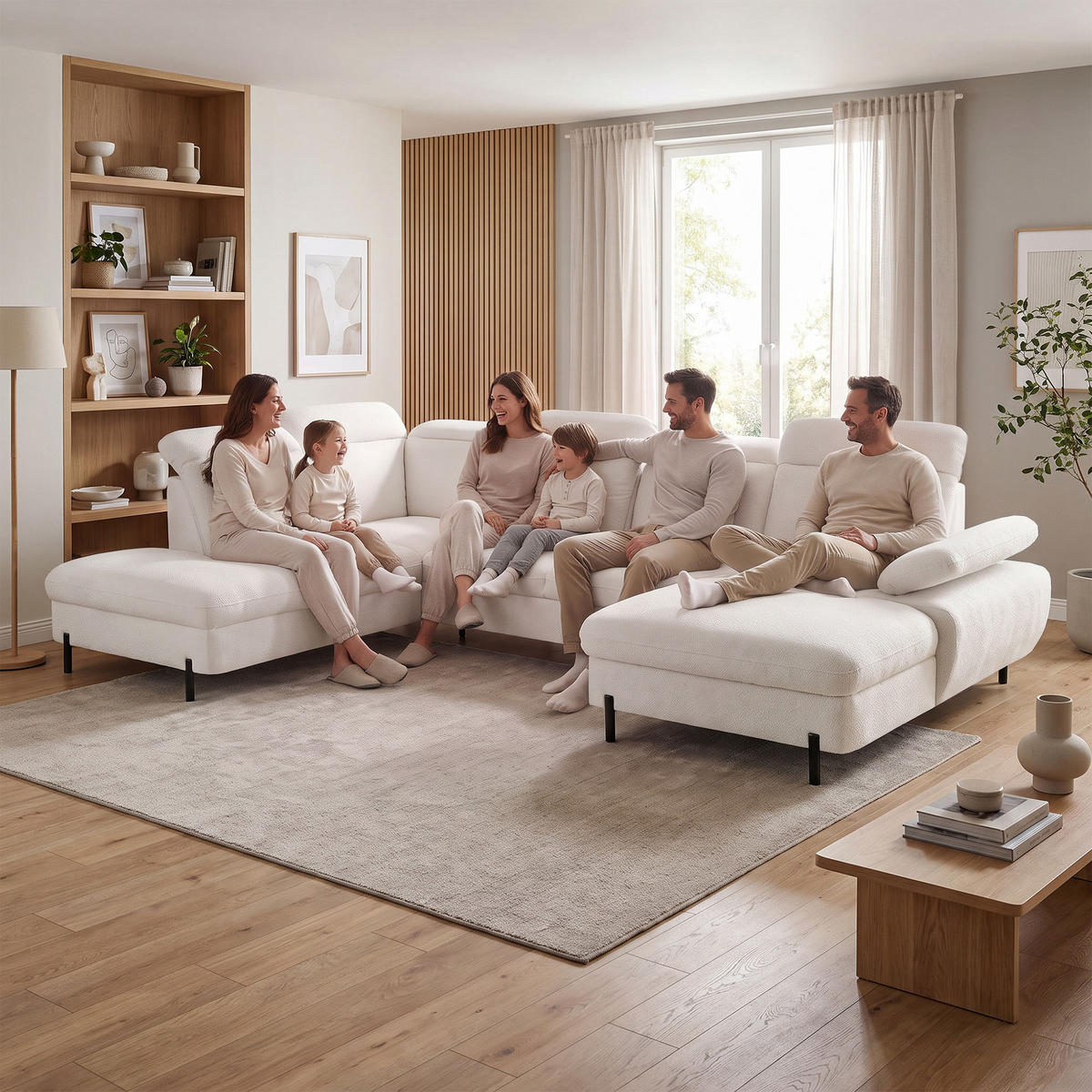 SEDACÍ SOUPRAVA Sora U s funkcí spaní, nastavitelnou hloubkou sedu, opěrkami hlavy a područkou, 365 cm, světle béžová, pravá - černá/béžová, textil (365/107/235cm) - Beautysofa