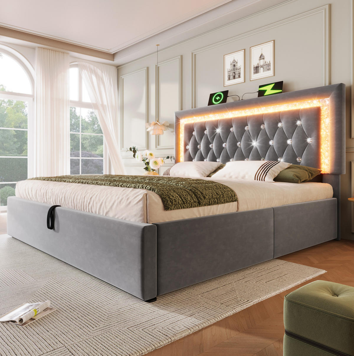 POLSTERBETT mit Bettkasten 160x200 cm Samt Grau mit LED und USB - Grau, Metall (160/200cm) - Meubliv