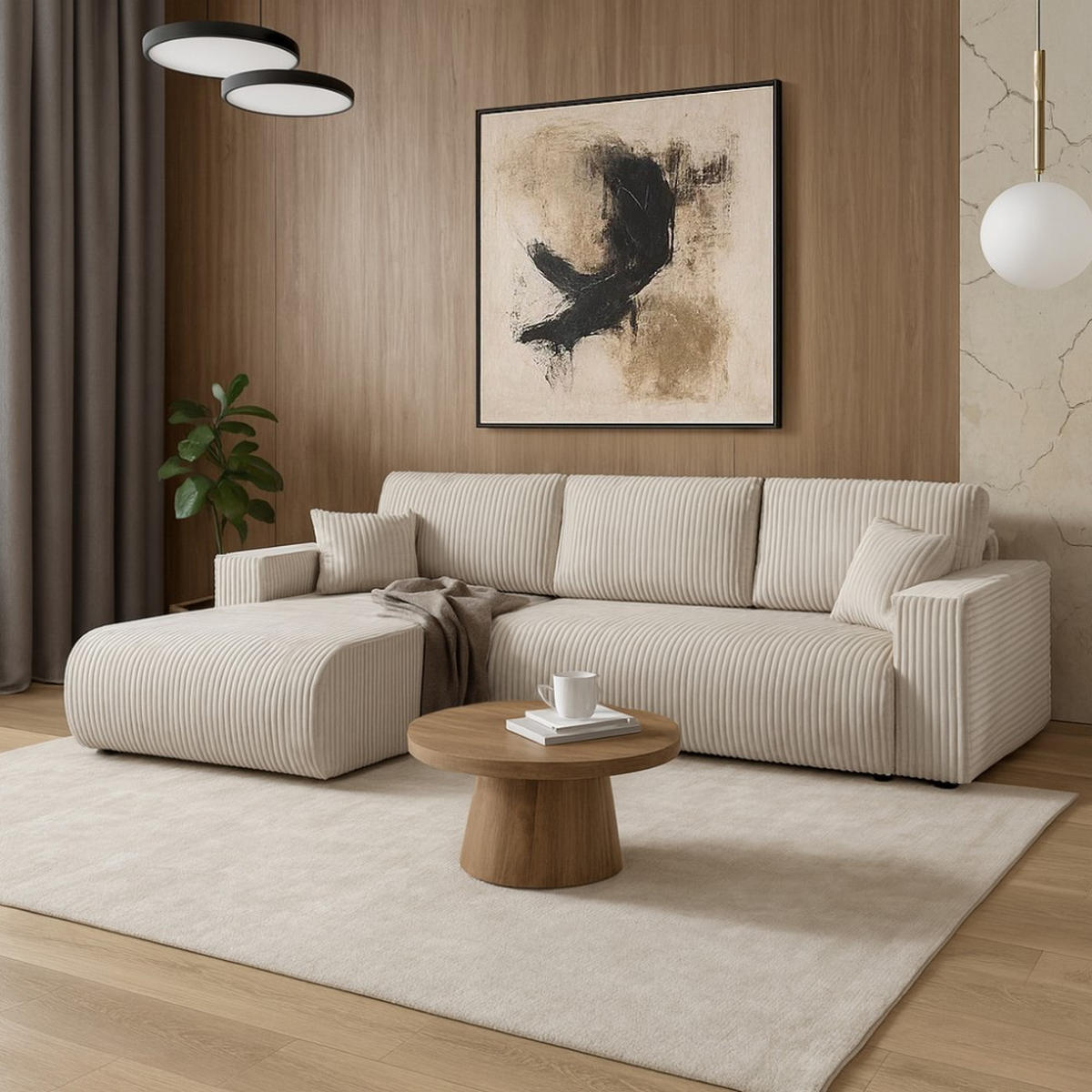 ECKSCHLAFSOFA Porto mit universelle Ottomane, Beige - Beige/Schwarz, Textil (288/190cm) - Beautysofa