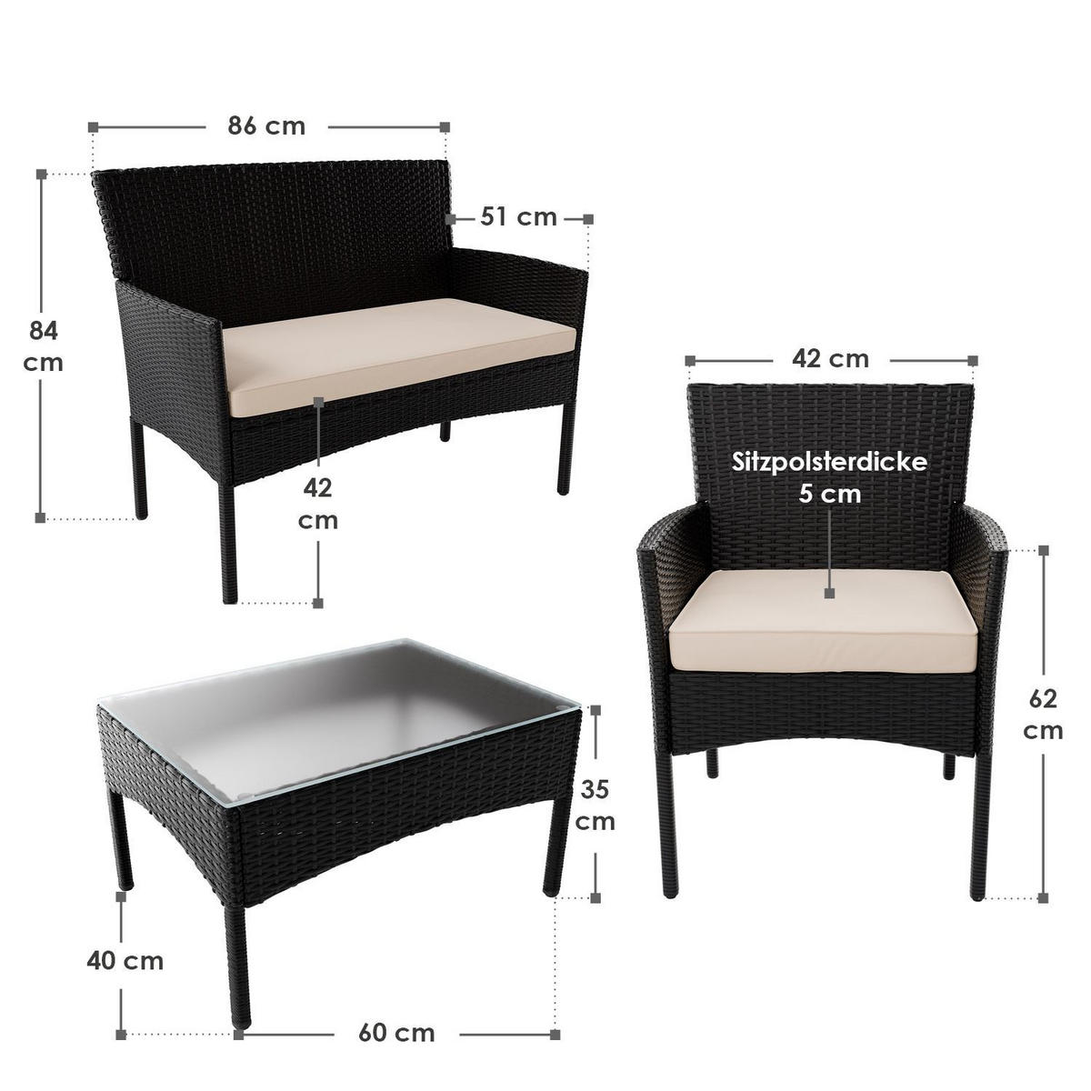 GARTENSET Fort Myers schwarz / cremeweiß inkl. Abdeckung - Creme/Schwarz, Kunststoff/Metall - Juskys