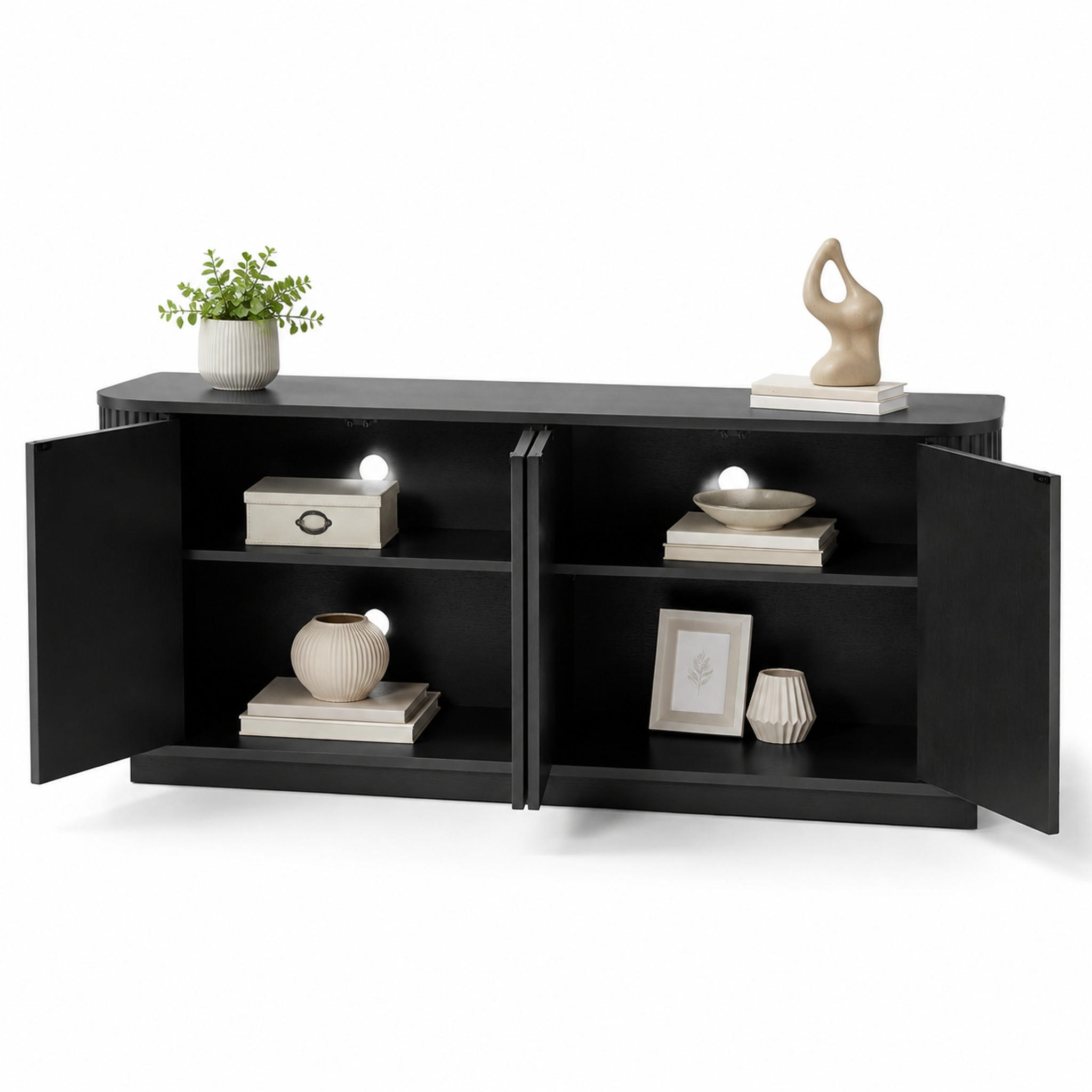 SIDEBOARD 162,5/38/61 cm aus MDF mit Wellenfront und Drucköffnung-Türen Schwarz - Schwarz, Metall (162/61/38cm) - Modenvie