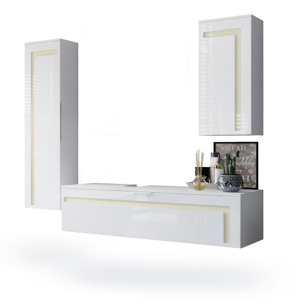 BADMÖBELSET Aloha Absetzungen in Creme Hochglanz - Creme, Holzwerkstoff (210/185/51cm) - Vladon