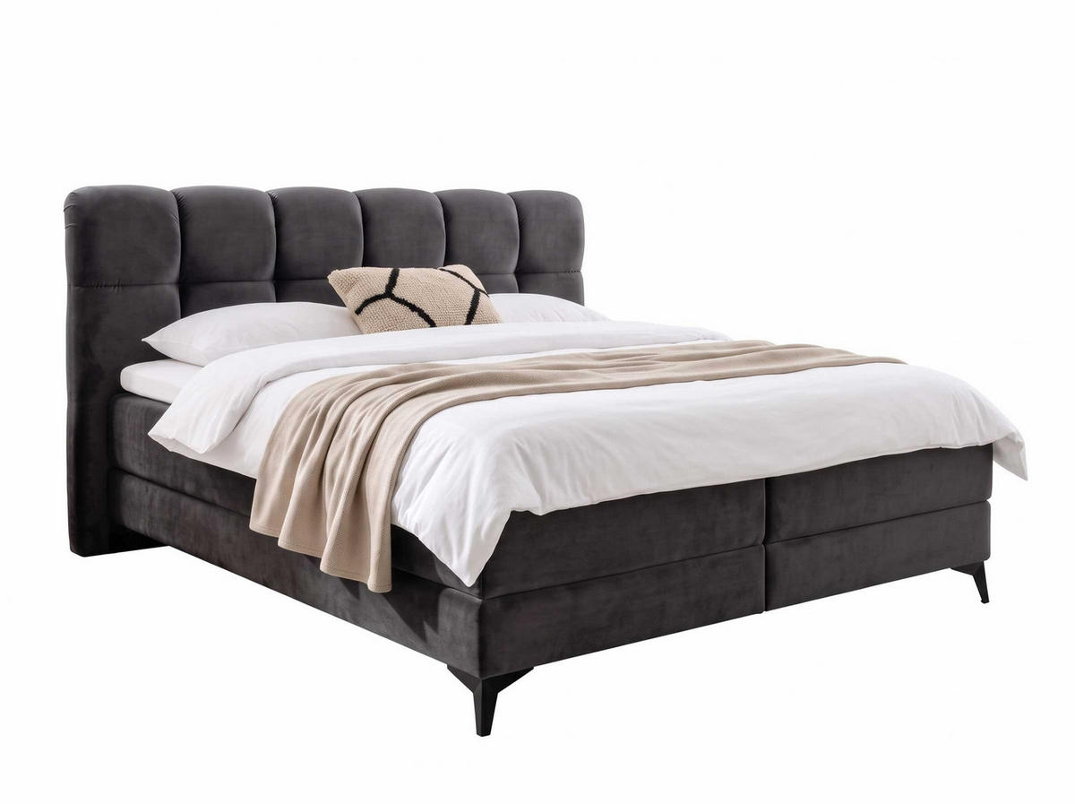 BOXBETT Marbella 160/200 cm Samt Anthrazit mit Bettkasten, mit Matratze, mit Topper H2/H3 - Anthrazit/Schwarz, Textil (160/200cm) - wonello
