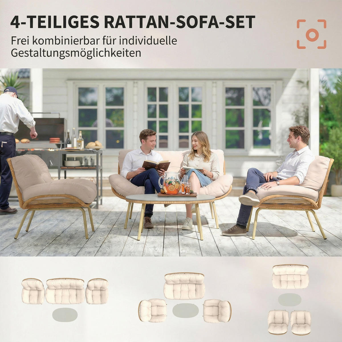 RATTAN-GARTENMÖBEL-SET 4er Set PE-Rattan Metall Beige - Beige, Textil/Metall - Outsunny