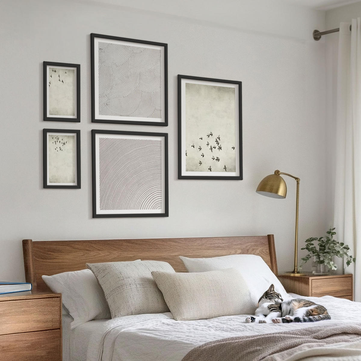 WANDBILDER 5er-Set - 50x50 cm & 20x30 cm & 40x60 cm Schwarzer Rahmen - Minimalistische Vogelmalerei - Schwarz, Kunststoff (40/60cm) - ArtPrintCave
