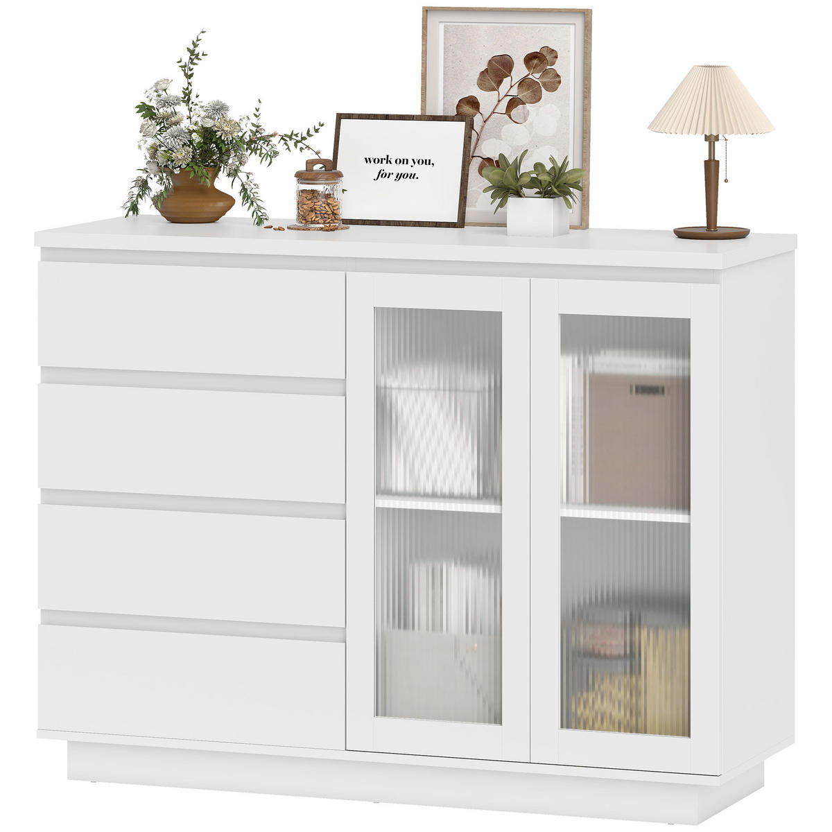 SIDEBOARD Weiß, 2 Glastüren, 4 Schubladen, 120/40/91 cm - Weiß, Holz (120/91/40cm) - PANGIVO