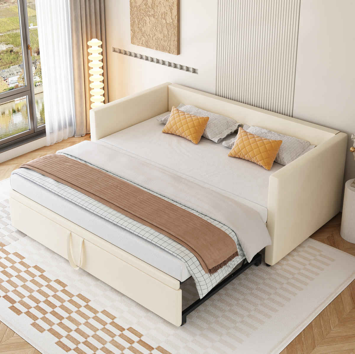 ČALÚNENÁ posteľ 90/200 cm béžová rozkladacia na 180/200 cm so lamelovým roštom zo zamatu - béžová, koža (90/200cm) - OKWISH