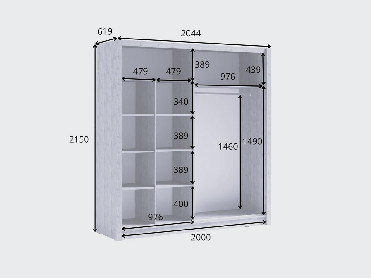 SCHWEBETÜRENSCHRANK ANVO 204,4/215/61,9cm 2-türig mit Spiegel Eiche Wellington - Eichefarben, Holzwerkstoff (204.4/215/61.9cm) - MASSENO