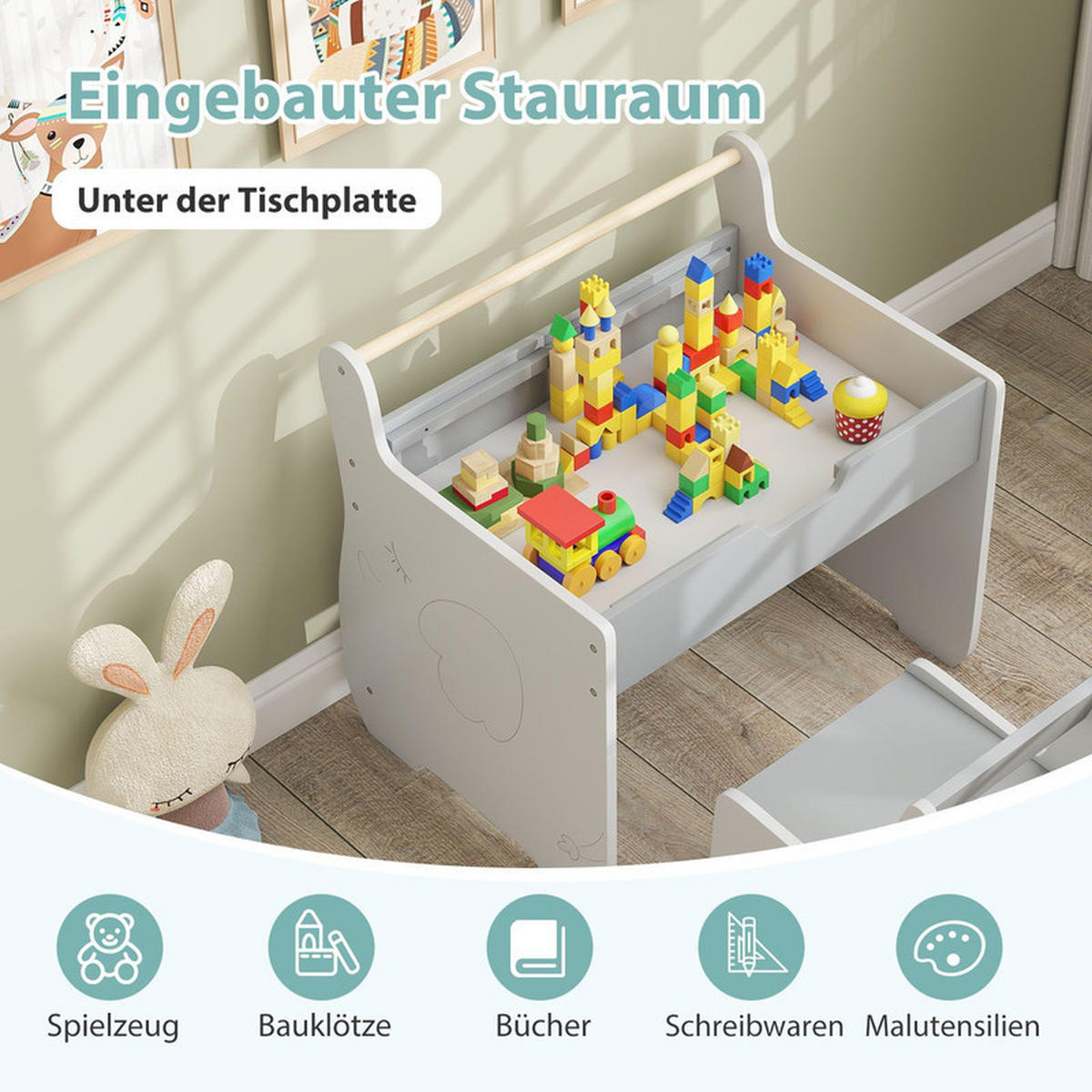 KINDERTISCH mit Stuhl grau(2-tlg) - Grau, Holzwerkstoff (61.5/59/47cm) - COSTWAY