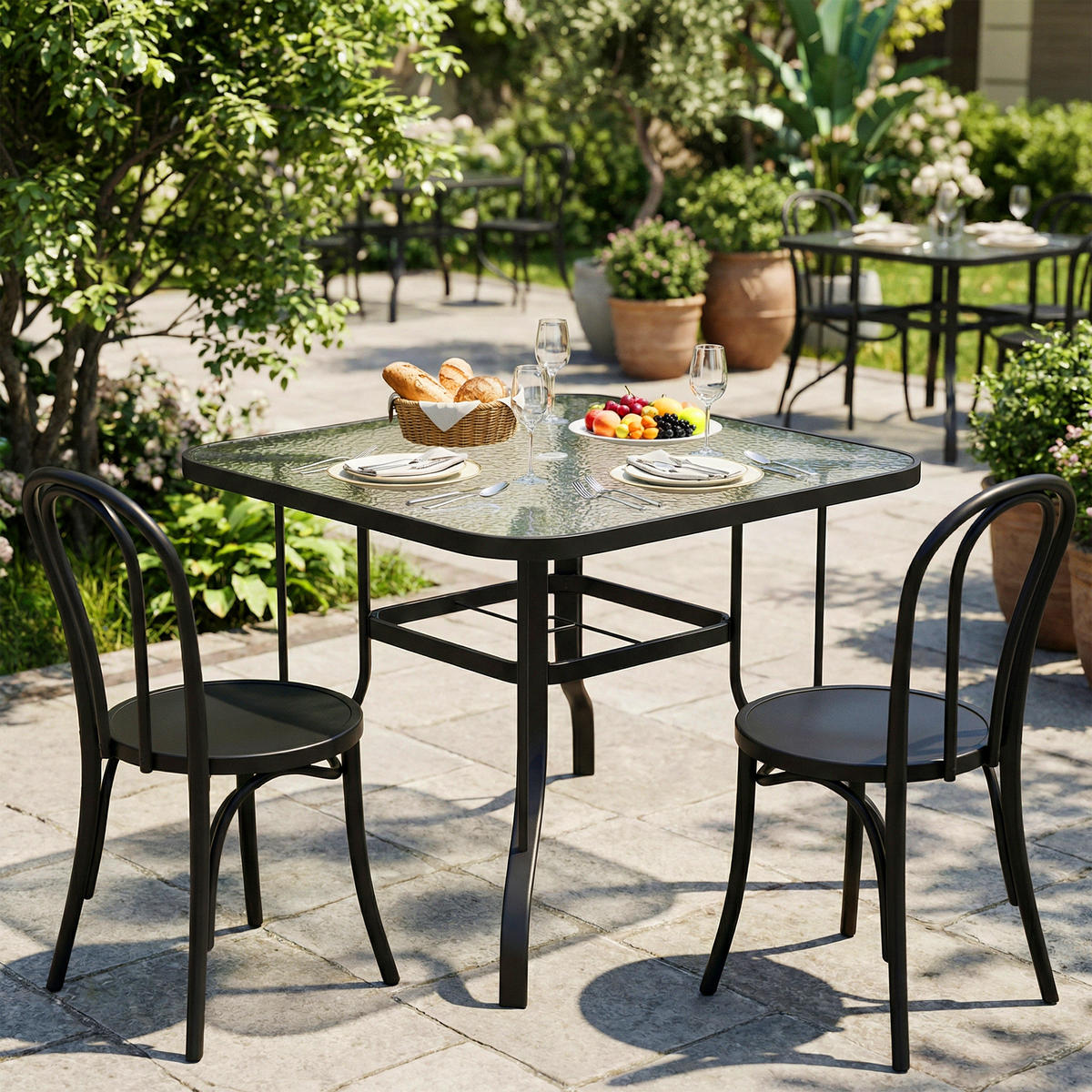 GARTENTISCH,QUADRATISCH Glas mit Schirmloch,schwarz - Schwarz, Metall (96.5/96.5/72cm) - Vallsero