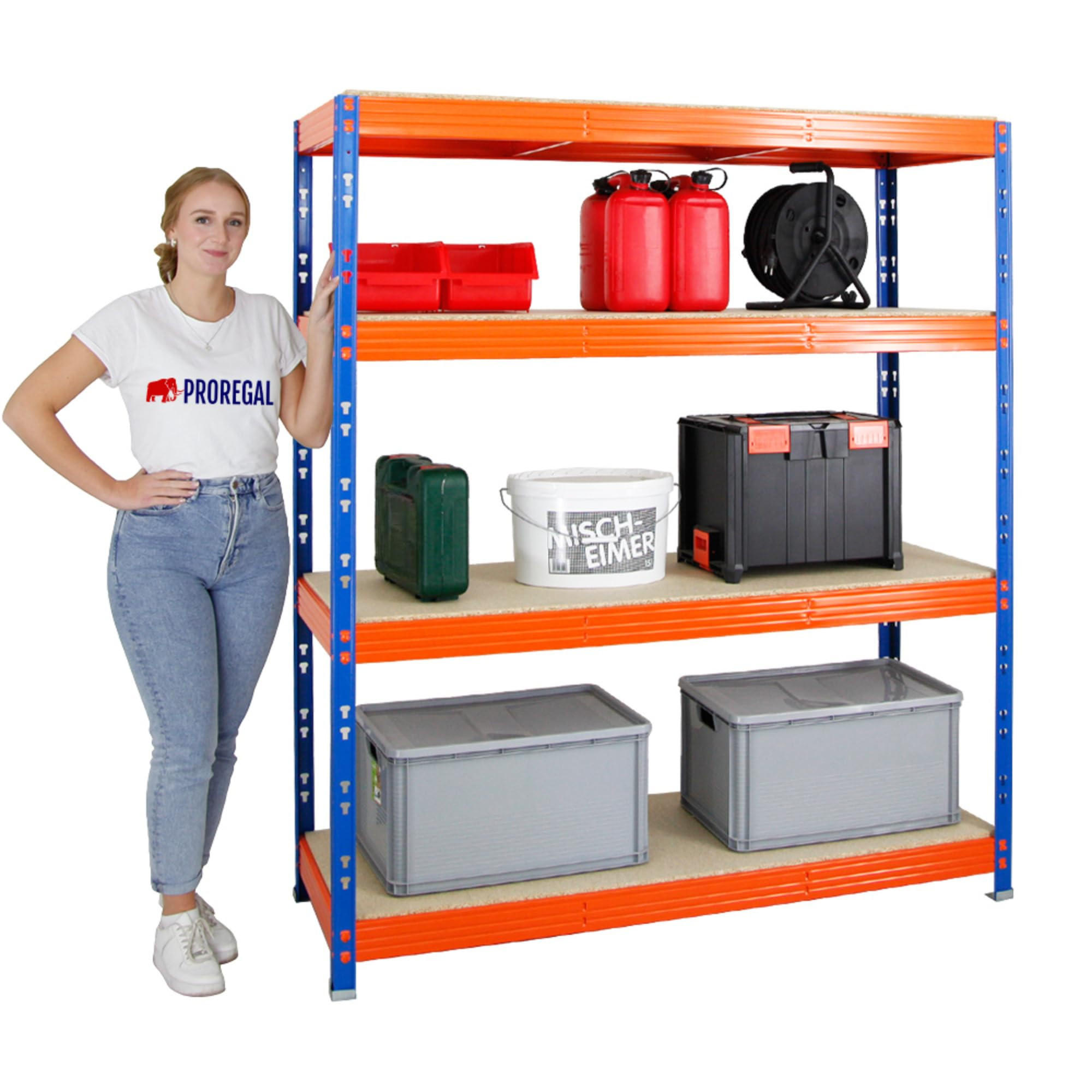 SCHWERLASTREGAL Rhino 180x160x60 cm 4 Spanplatten-Ebenen 16mm Fachlast 500 kg Blau/Orange - Blau/Orange, Metall (160/180/60cm) - PROREGAL