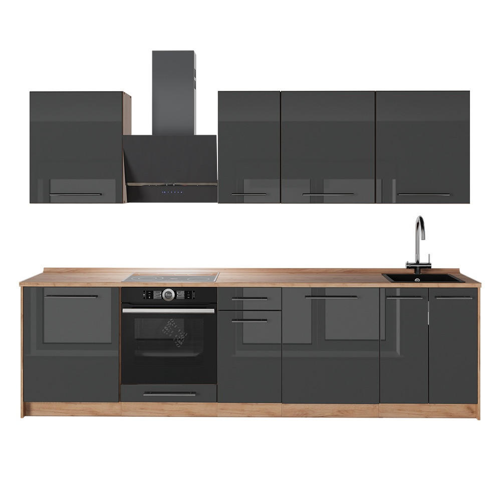 KUCHYNKA Fame-Line, Antracit vysoký lesk/Dub Goldkraft, 280 cm, AP Oak - dub medový/čierna s vysokým leskom, kompozitné drevo (280/206.8/60cm) - Vicco