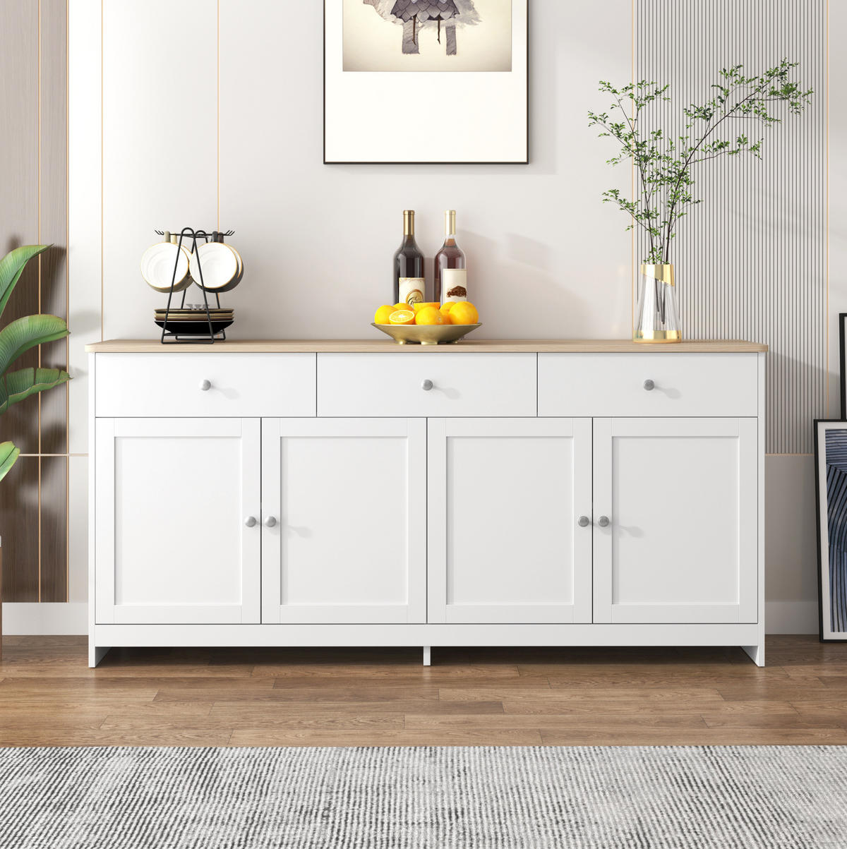 SIDEBOARD 160/37/75 cm Weiß und Holzfarben aus MDF mit 3 Schubladen - Weiß, Holzwerkstoff (37/75/160cm) - OKMYHOME
