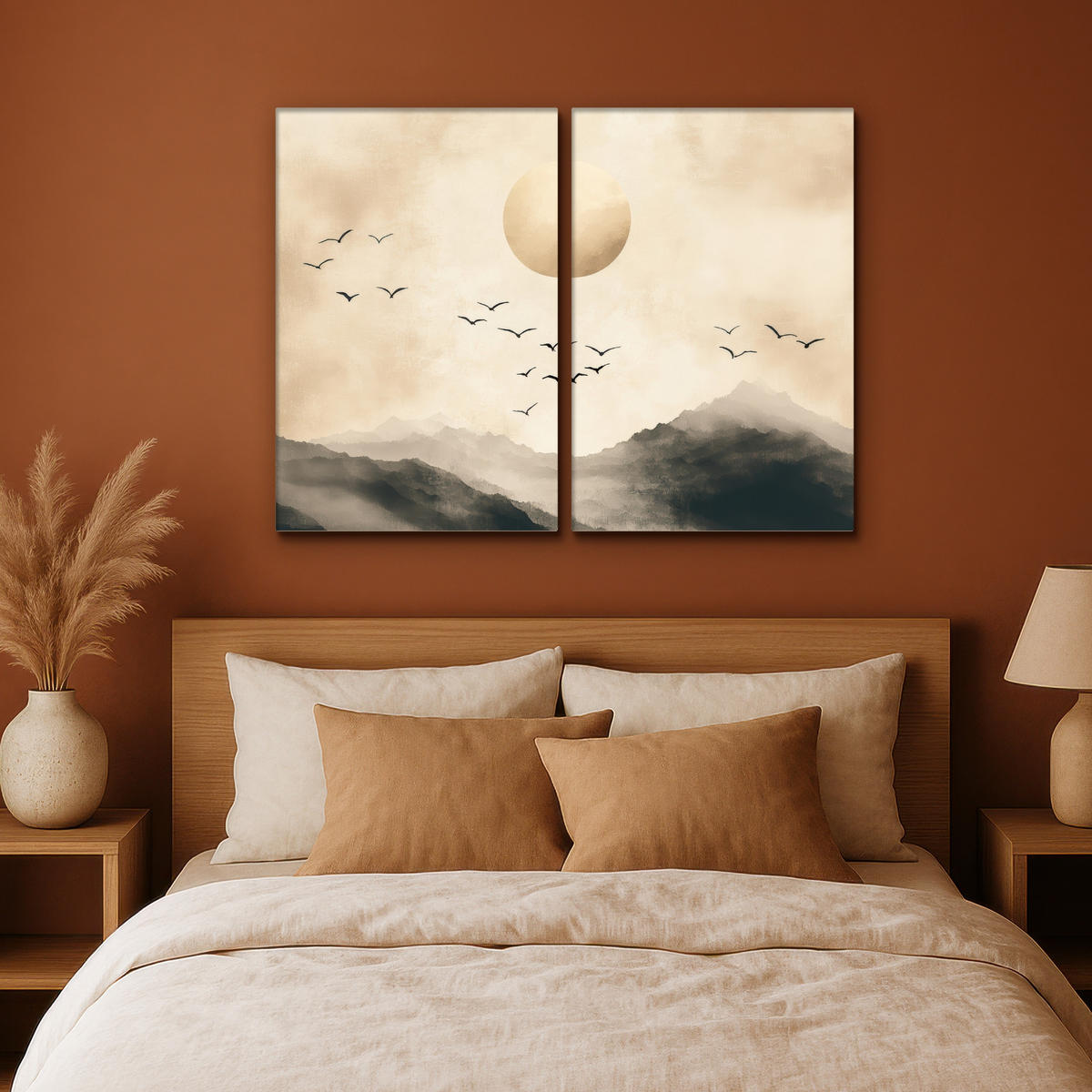 LEINWANDBILD 2er Set Landschaft - Japandi - Beige - Vögel 120x90 cm - Beige, Textil (120/90cm) - MuchoWow