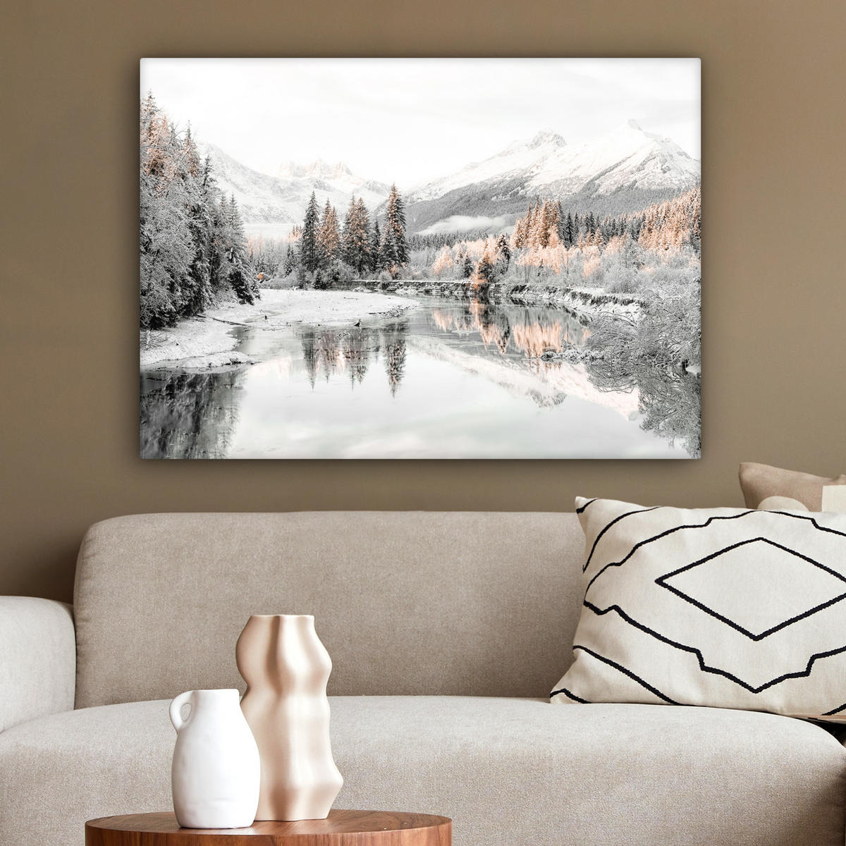 LEINWANDBILD Natur - Winter - Bäume - Berge - Schnee Wandbilder 80x60 cm - Weiß Hochglanz, Textil (80/60cm) - MuchoWow