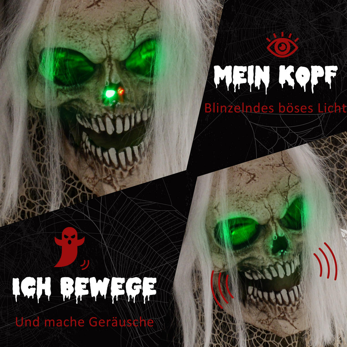 HALLOWEEN DECORATIONS 160cm stehendes Skelett mit LED-Lichter, Soundfunktion - Grau, Kunststoff/Metall (65/160/30cm) - HOMCOM