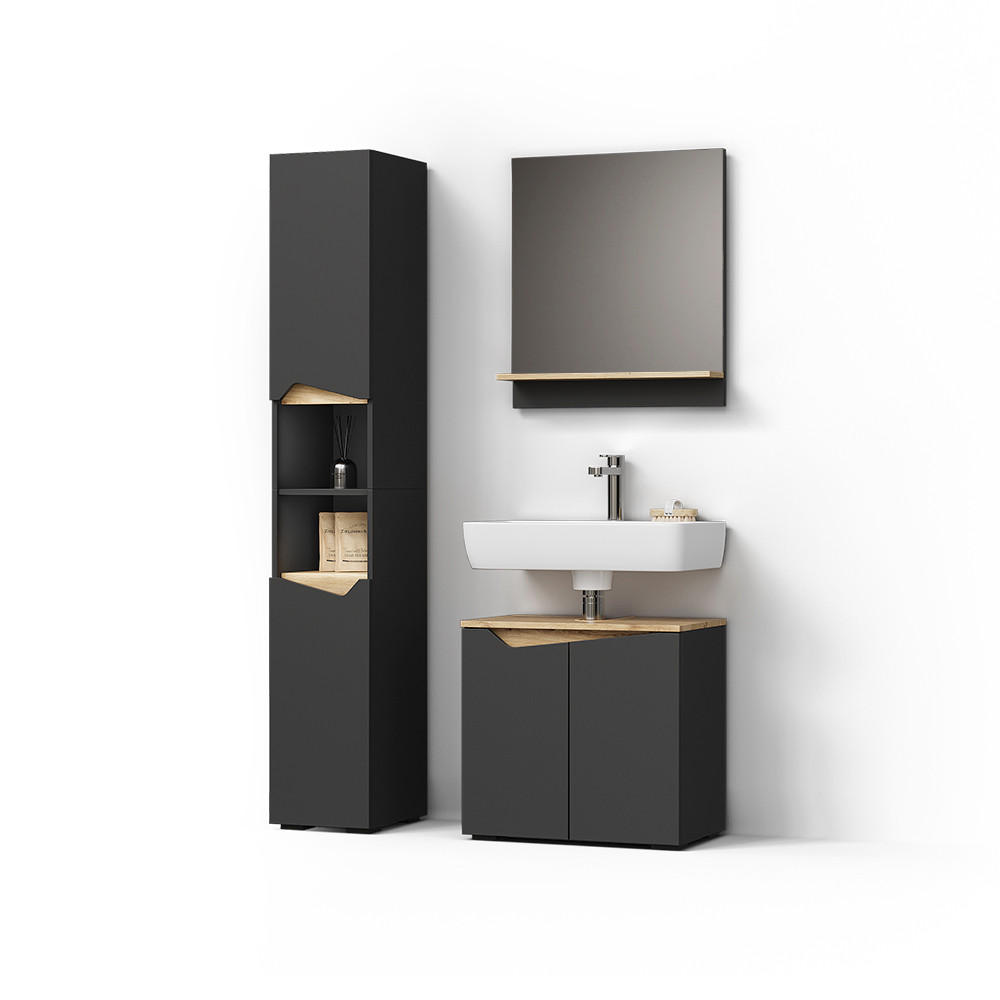 BADMÖBEL-KOMBINATION Timavo Anthrazit 3 Teile, mit Hochschrank - Anthrazit/Eiche Artisan, Holzwerkstoff (60/57/35cm) - Livinity®