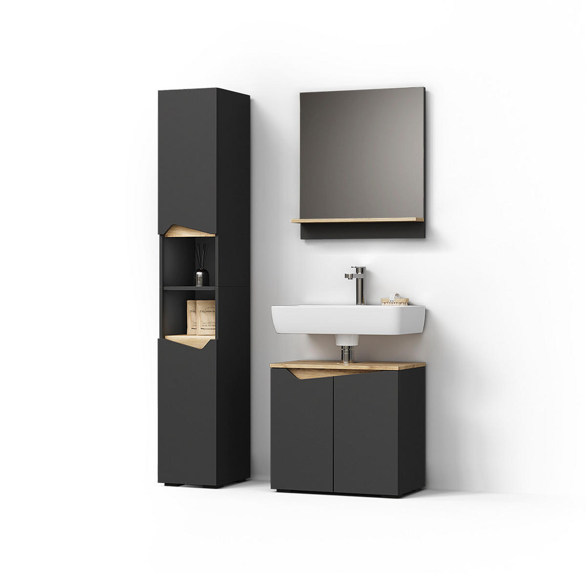 BADMÖBEL-KOMBINATION Timavo Anthrazit 3 Teile, mit Hochschrank - Anthrazit/Eiche Artisan, Holzwerkstoff (60/57/35cm) - Livinity®