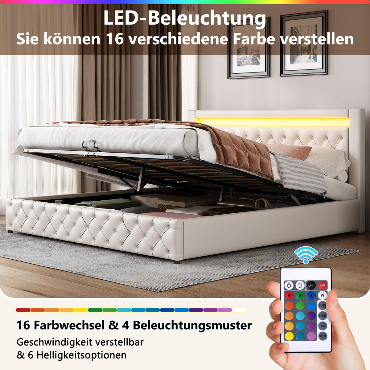 POLSTERBETT 180/200 cm in Weiß mit Bettkasten, LED und Lattenrost - Weiß, Holzwerkstoff/Textil (180/200cm) - WISHDOR