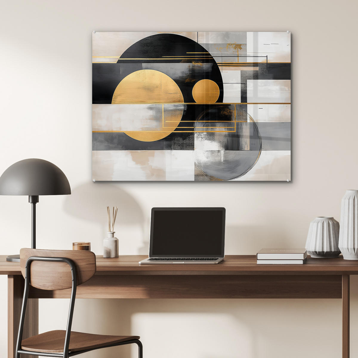 ACRYLGLASBILD Abstrakt - Gold - Silber - Formen - Ästhetisch - Modern 80x60 cm - Goldfarben, Glas (80/60cm) - MuchoWow