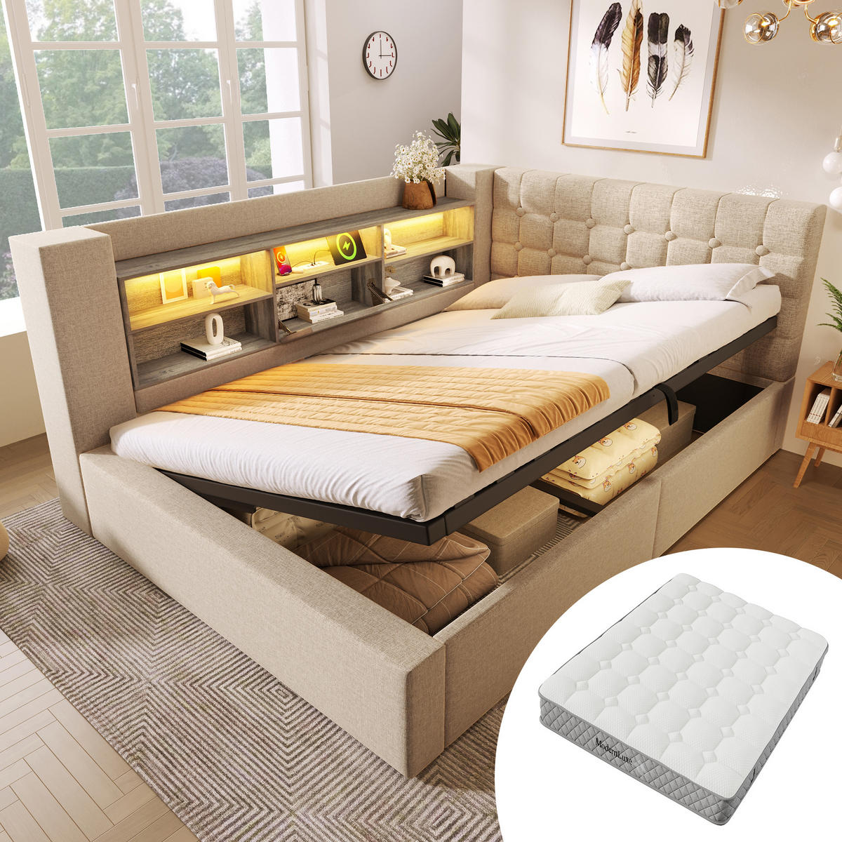 POLSTERBETT 140/200 cm in Beige Leinen mit Stauraum, LED und USB - Beige, Holzwerkstoff/Textil (140/200cm) - WISHDOR