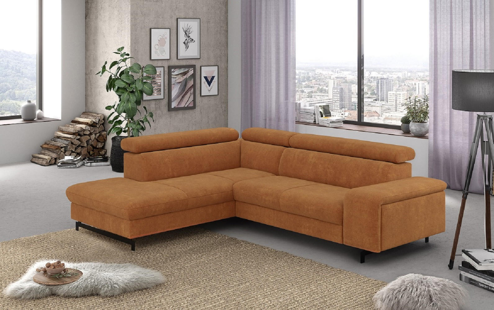 Thumbnail - Cotta Ecksofa, Cognac, Textil, Echtholz,Fichte, 4-Sitzer, Ottomane links,L-Form, 262x215 cm, Wohnzimmer, Sofas & Couches...