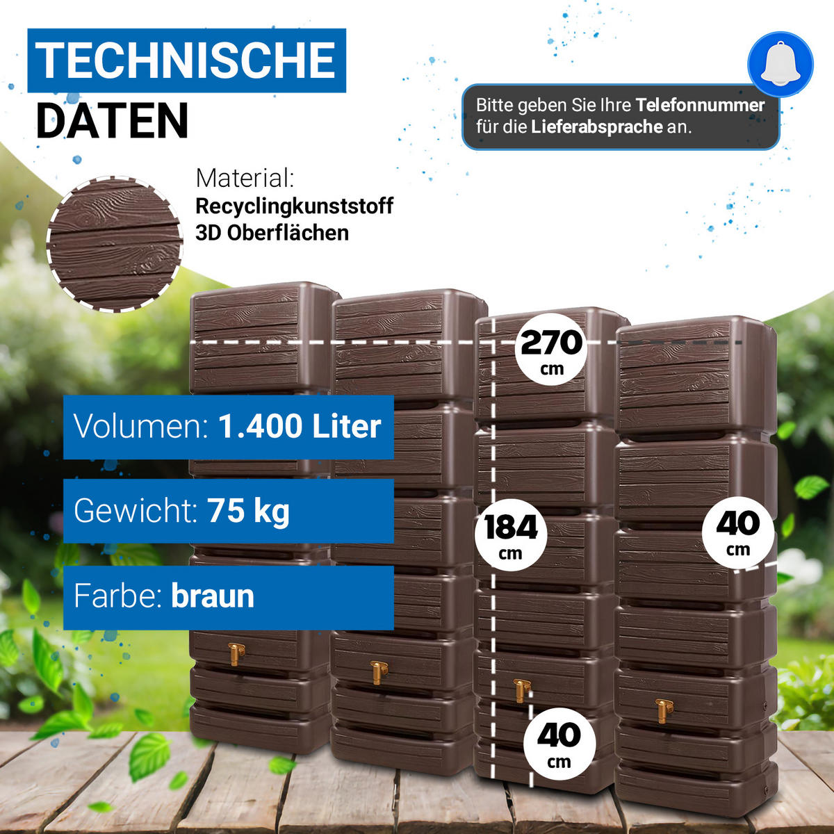 WANDTANK Komplett-Set 1400 L dark 4 x 350 L inkl. Verbindungsset, Kunststoff-Auslaufhahn und Fallrohranschluss - Braun, Kunststoff (270/184/39cm) - 4rain