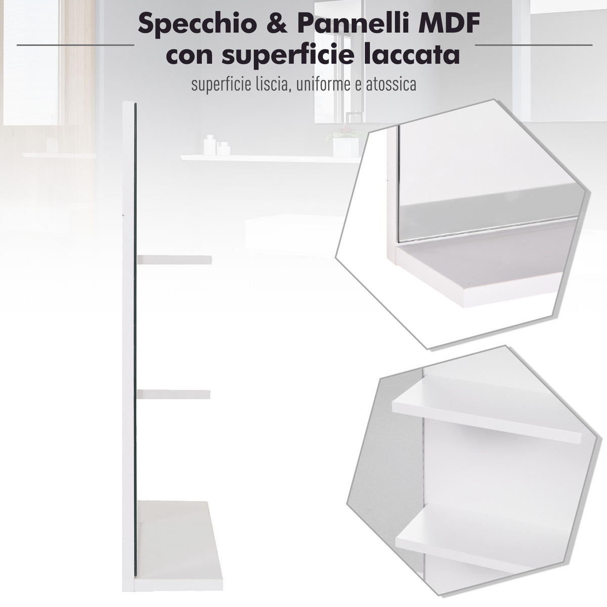 SPIEGELSCHRANK Badezimmer-Wandschrank 60 x 10 x 48 cm ,mit Spiegel und 3 Regalböden, weißer MDF-Wandschrank - Weiß, Glas (60/48/10cm) - Vallsero