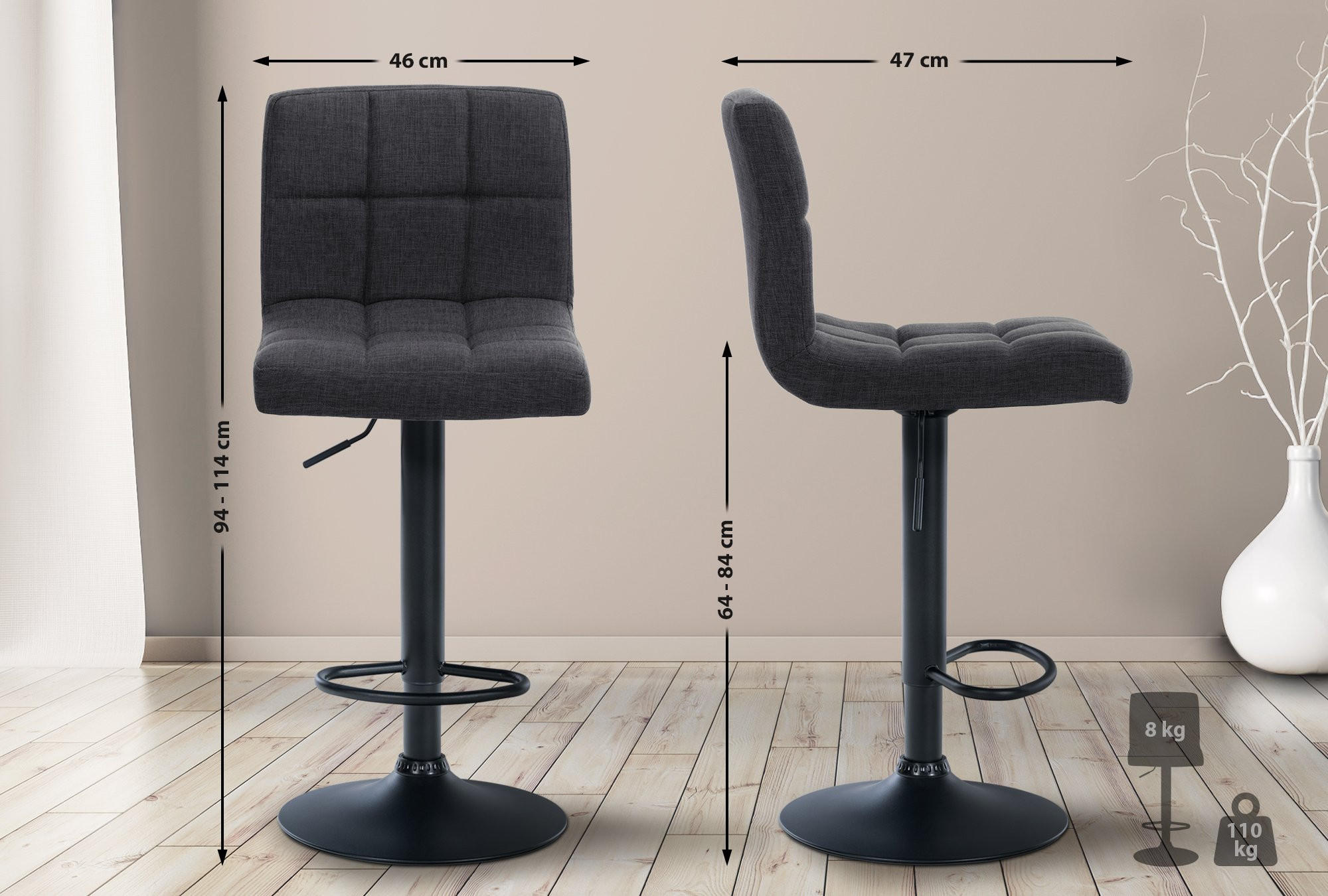 BARHOCKER Stoff dunkelgrau - Dunkelgrau/Schwarz, Textil/Metall (46/94/47cm) - CLP