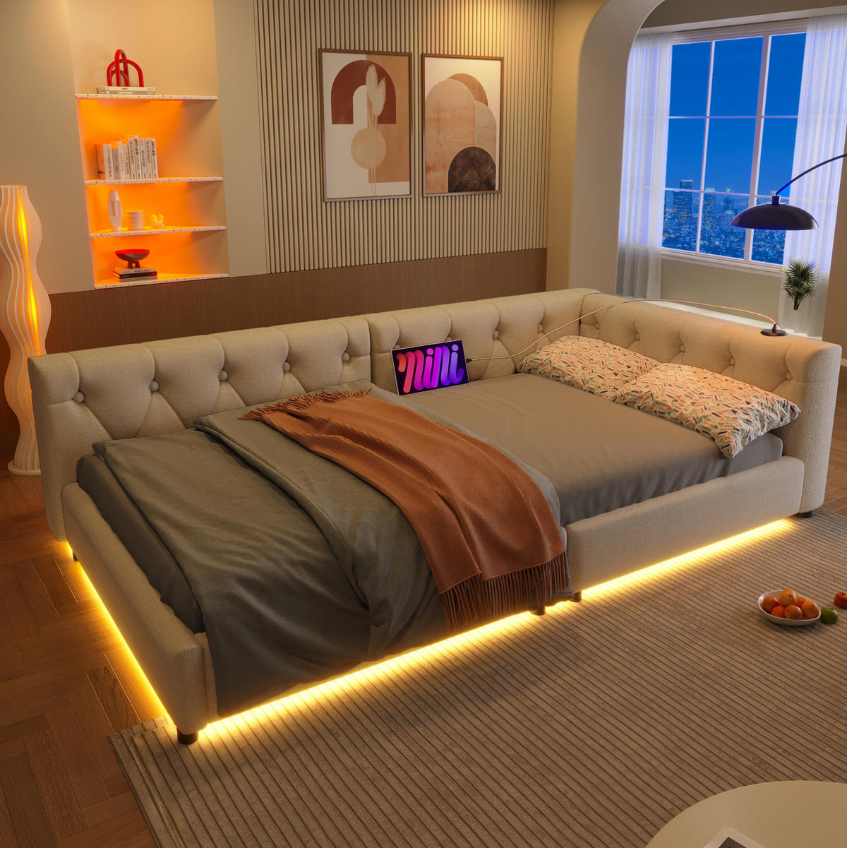 DENNÁ posteľ z ľanu a MDF 90x200 cm béžová s LED osvetlením, USB a USB-C portom - béžová, textil (90/200cm) - Modfu