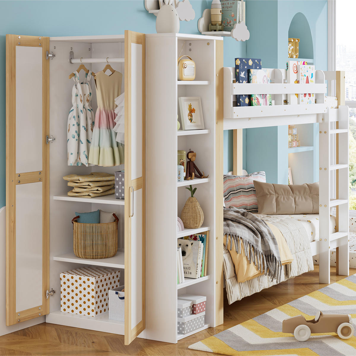 ETAGENBETT 90/200 cm Weiß+Natur mit Fallschutz und Kleiderschrank aus Kiefer und MDF - Weiß, Holzwerkstoff (90/200cm) - OKWISH