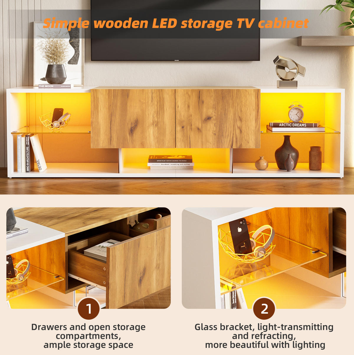 LOWBOARD 160/40/42 cm Weiß/Naturholzfarben aus Spanplatte mit LED-Beleuchtung und 2 Schubladen - Hellbraun, Holzwerkstoff (40/42/160cm) - OKMYHOME